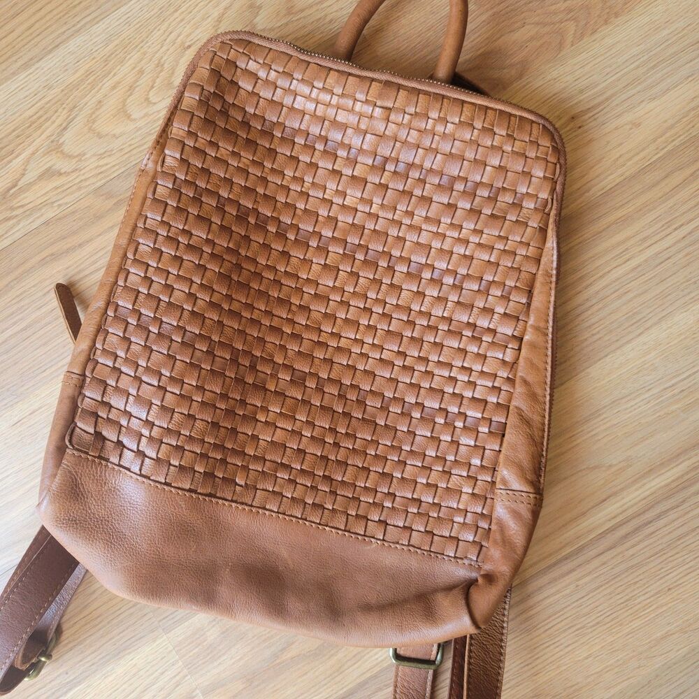 Vilenca Holland Leather Woven Backpack Tan Cognac Luxury Daypack Vintage Travel